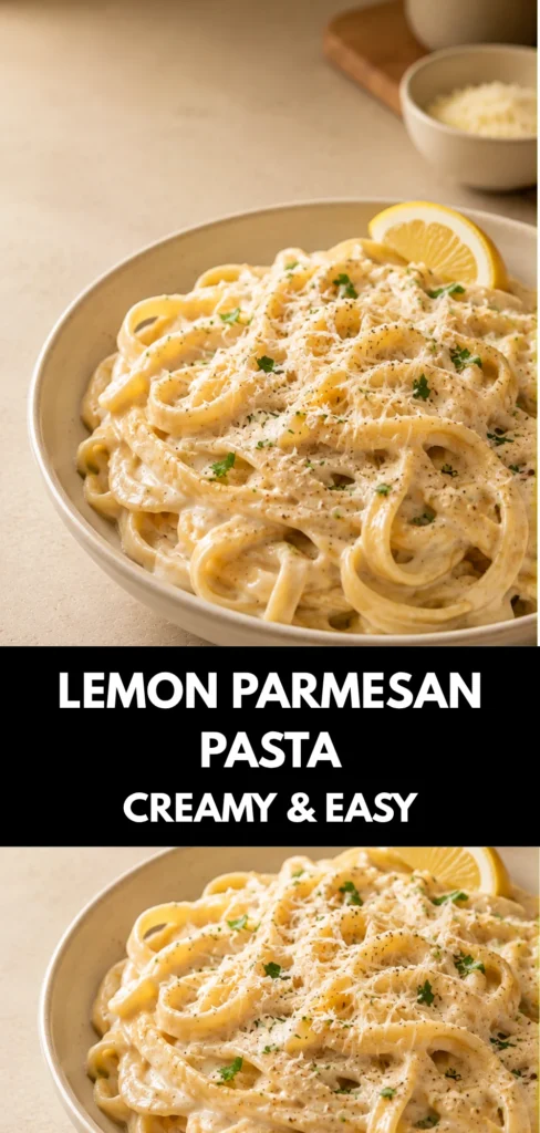 Creamy lemon Parmesan pasta served in an ivory ceramic bowl, with a smooth Parmesan sauce and a small lemon garnish on a warm neutral kitchen table.