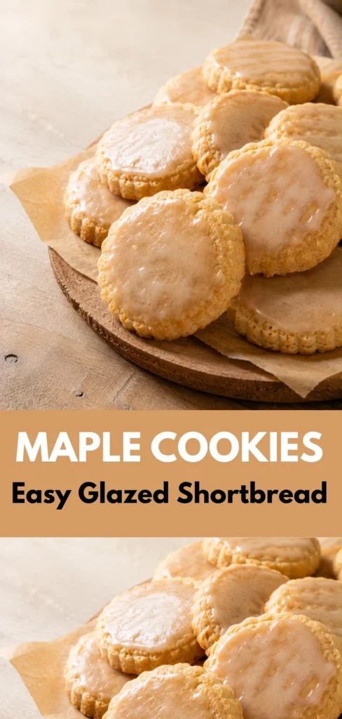 A group of golden Glazed Maple Shortbread Cookies arranged on a warm neutral surface, showing their tender shortbread texture and light maple glaze.