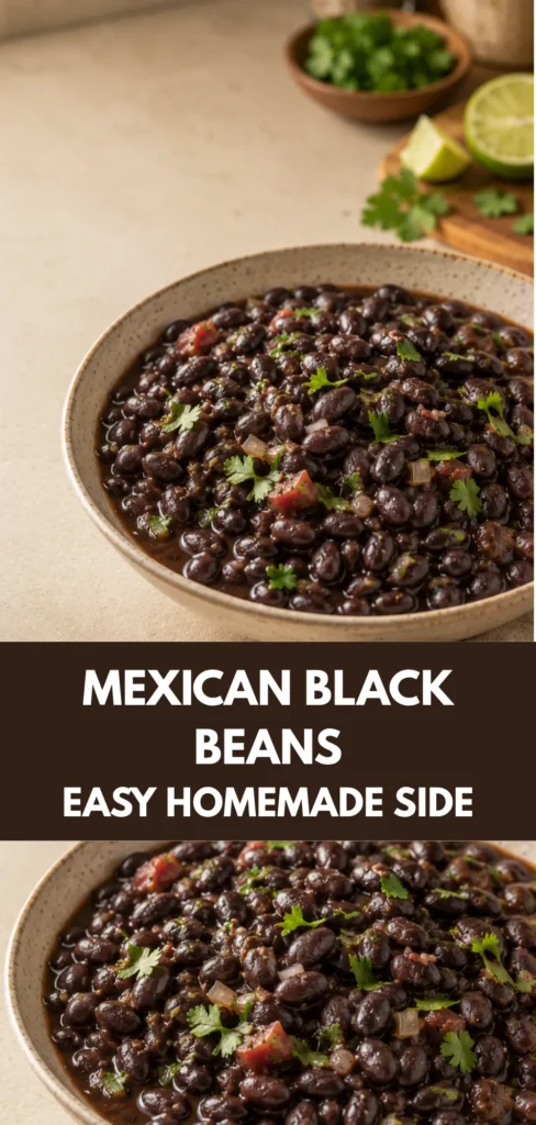 A rustic ceramic bowl filled with homemade Mexican black beans on a warm wooden table, with a serving spoon and neutral linen nearby in a softly blurred home kitchen.
