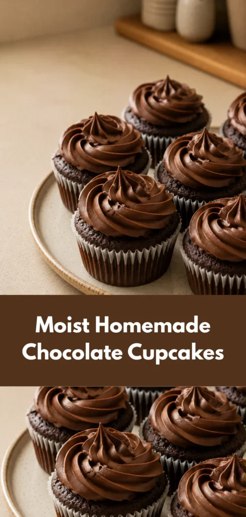 A batch of homemade chocolate cupcakes with smooth chocolate frosting arranged on a neutral serving surface in a warm home kitchen