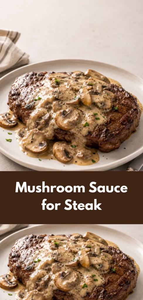 A cooked steak topped with creamy mushroom sauce, served on a plate as a finished meal. The sauce contains visible mushroom pieces and covers part of the steak, with minimal tableware and a clean background.