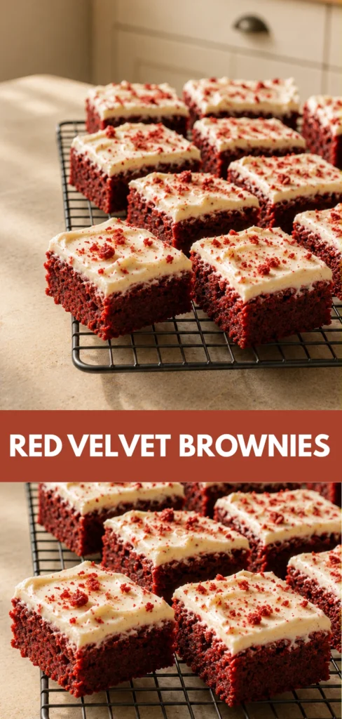 Freshly baked Red Velvet Brownies resting on a wire cooling rack in a warm home kitchen.