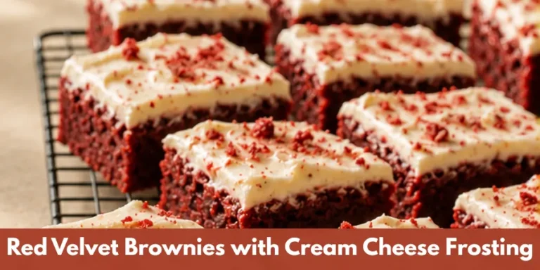 Freshly baked Red Velvet Brownies resting on a wire cooling rack in a warm home kitchen.