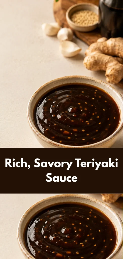 A bowl of thick, dark teriyaki sauce with a smooth glossy surface on a warm kitchen counter, with a small spoon and subtle cooking ingredients nearby.