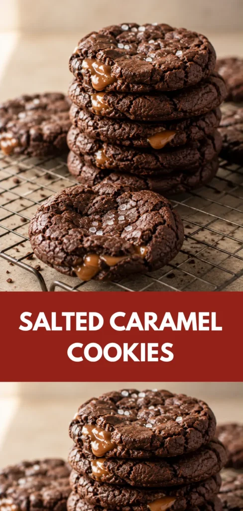 A stack of thick salted caramel chocolate fudge cookies arranged on a cooling rack with one cookie placed in front on a warm baking surface.