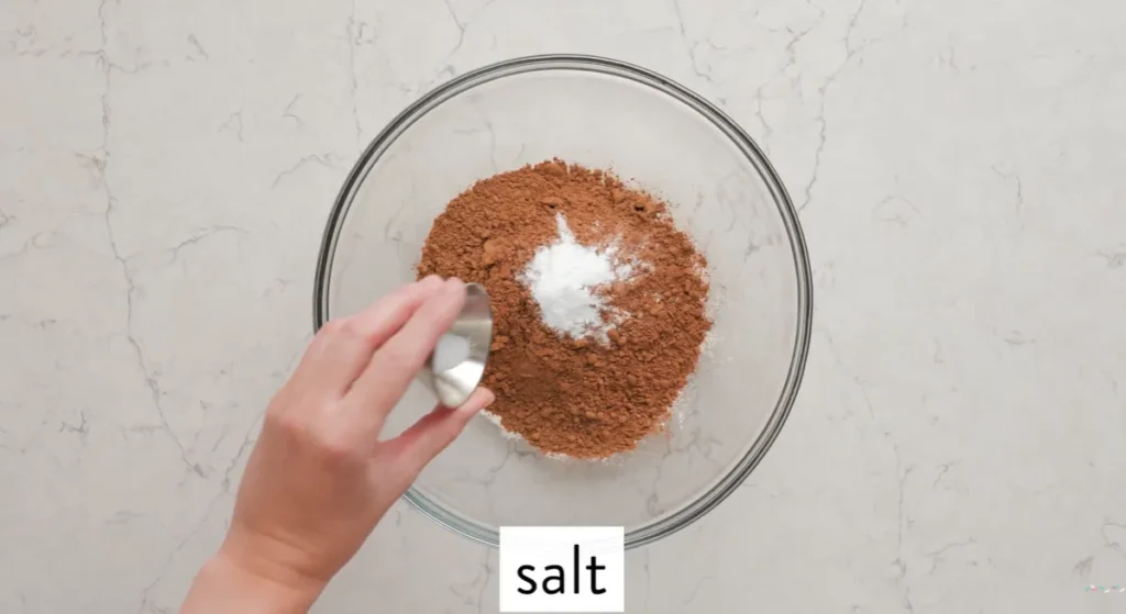 Salted caramel chocolate fudge cookie dry ingredients with cocoa powder, baking powder and salt
