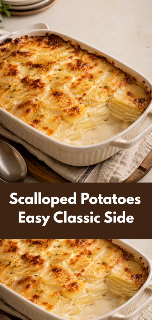Freshly baked scalloped potatoes in a casserole dish, showing creamy layered potatoes and a lightly golden baked surface on a simple dinner table.