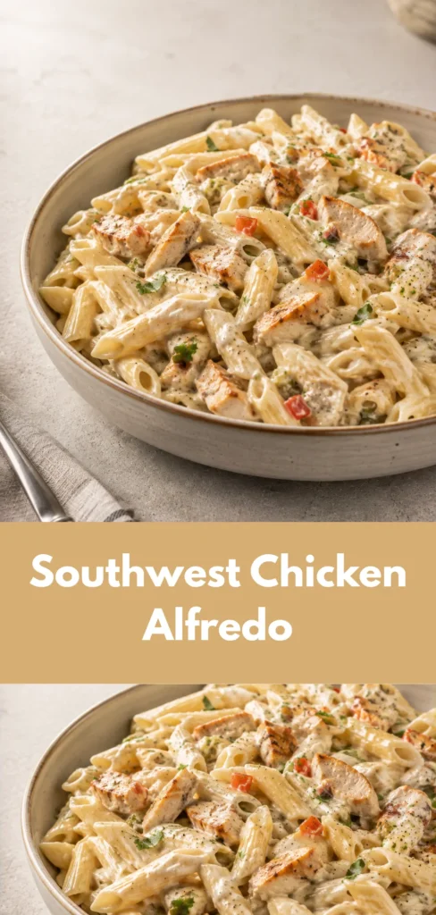 Southwest Chicken Alfredo with creamy sauce, penne pasta and seasoned chicken served in a shallow bowl on a neutral tabletop.