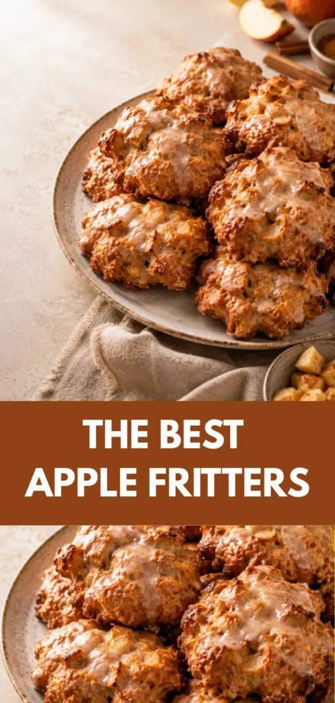 A plate of freshly baked apple fritters arranged in a natural overlapping cluster, showing golden-brown baked surfaces and a warm homemade presentation on a neutral table with subtle apple and cinnamon accents.
