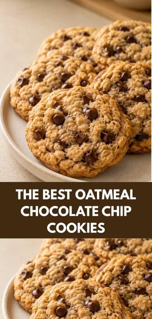 A plate of freshly baked oatmeal chocolate chip cookies with one golden-brown cookie in the foreground and several cookies arranged behind it on a warm neutral kitchen surface.