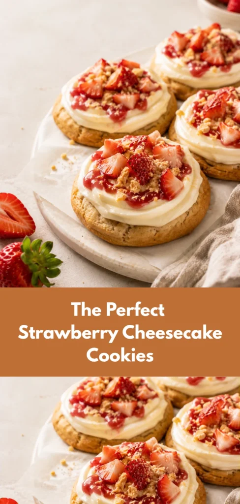 A small batch of finished Strawberry Cheesecake Cookies arranged on a neutral surface, showing golden-brown cookies topped with creamy cheesecake-style frosting, strawberry pieces, jam, and graham cracker crumbs. A polished finished-recipe presentation for homemade Strawberry Cheesecake Cookies.