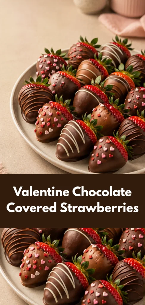A plate of freshly dipped strawberries coated in glossy chocolate, arranged as a finished Valentine's Day dessert.