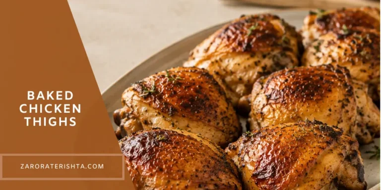Alt text: Baked chicken thighs with crispy golden-brown skin, seasoned with herbs and spices, arranged on a baking sheet.