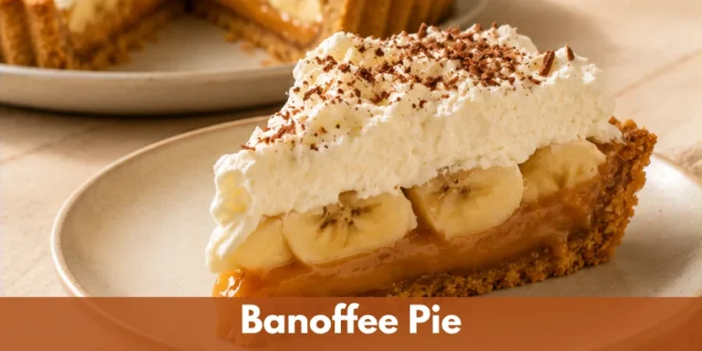 A homemade Banoffee Pie slice on a neutral dessert plate with a whole pie softly visible behind it, showing golden crust, toffee caramel, fresh bananas, and whipped cream in a warm home kitchen.