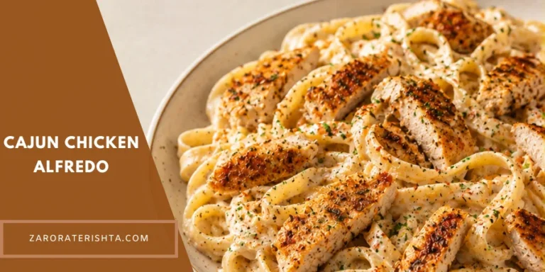 A polished serving of Cajun Chicken Alfredo with creamy Alfredo-coated pasta and tender Cajun-seasoned chicken on a plate, photographed in a warm neutral home-kitchen setting with minimal serving elements.