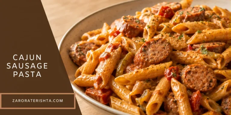 Creamy Cajun sausage pasta with penne, sliced smoked sausage, peppers, tomatoes, and herbs in a rich Cajun sauce.
