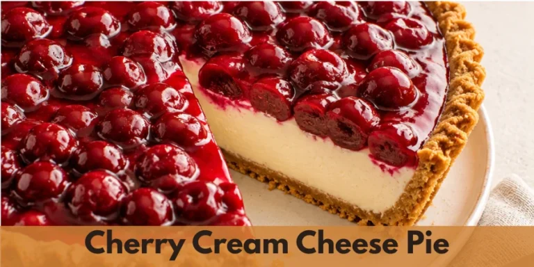 Finished Cherry Cream Cheese Pie with creamy filling, cherry topping and a visible cut revealing the interior.