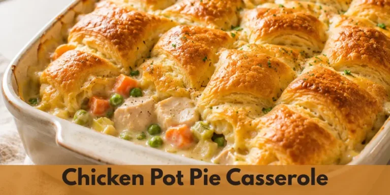 A baked chicken pot pie casserole in a neutral ceramic dish with a golden crescent-roll topping, photographed on a clean kitchen surface with a softly blurred background.
