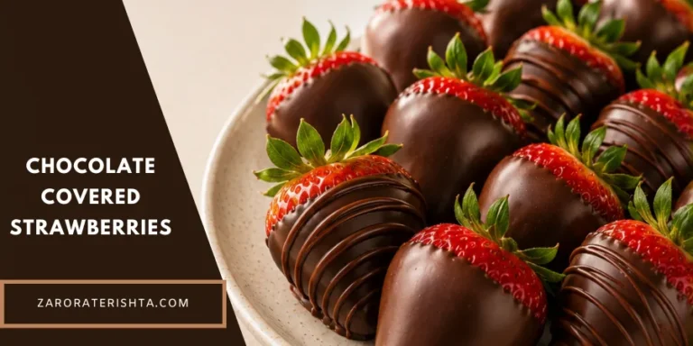A polished group of chocolate-covered strawberries arranged as a finished dessert on a warm neutral kitchen surface.