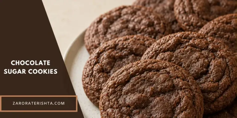 A plate of homemade chocolate sugar cookies with rich brown surfaces, crisp-looking edges, and soft fudgy centers, arranged in a warm neutral kitchen setting.