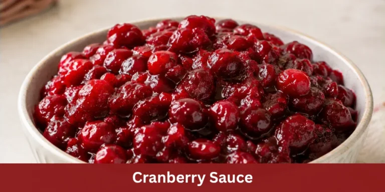 A bowl of homemade Cranberry Sauce with a thick glossy texture on a simple dining surface, presented as a classic homemade side.