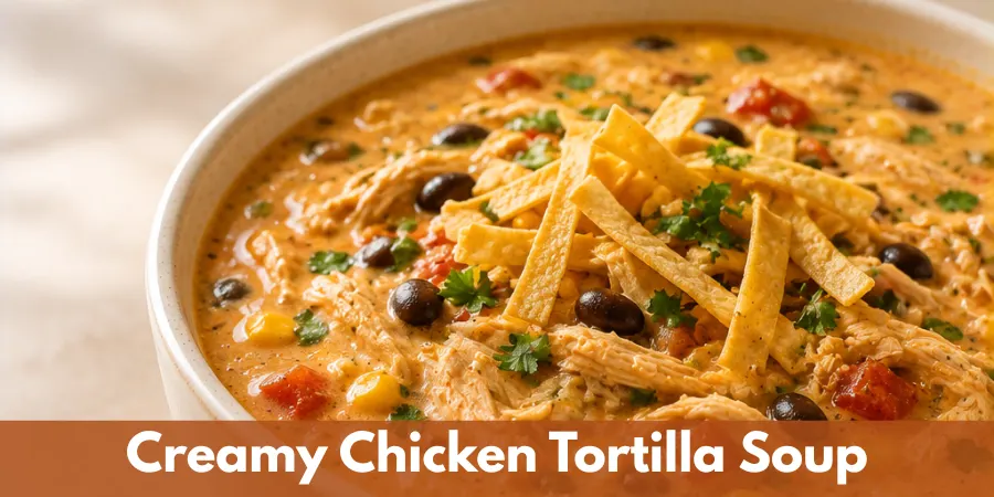 A bowl of creamy chicken tortilla soup with shredded chicken, corn, black beans, vegetables, green garnish, and tortilla strips on a warm neutral tabletop in a softly lit home kitchen, presented as a comforting fall soup.