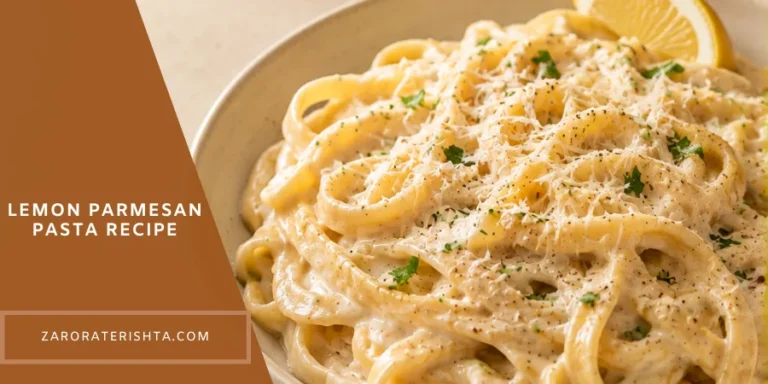 Creamy lemon Parmesan pasta served in an ivory ceramic bowl, with a smooth Parmesan sauce and a small lemon garnish on a warm neutral kitchen table.