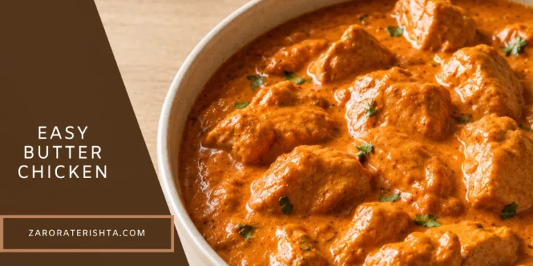 Easy Butter Chicken with tender chicken pieces in a creamy spiced tomato sauce, garnished with fresh cilantro.