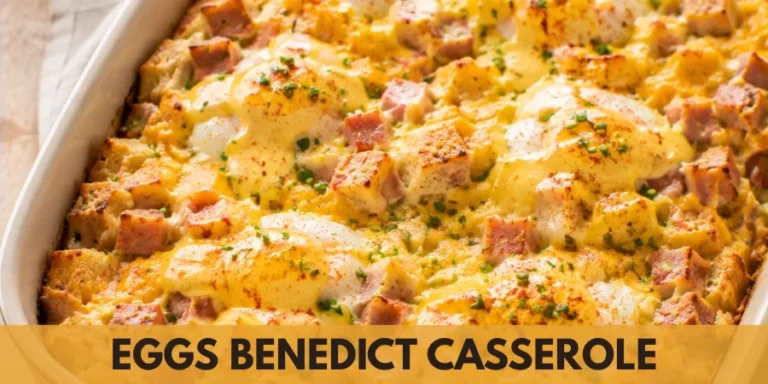Baked Eggs Benedict Casserole in a ceramic casserole dish with a golden egg topping on a simple breakfast table.