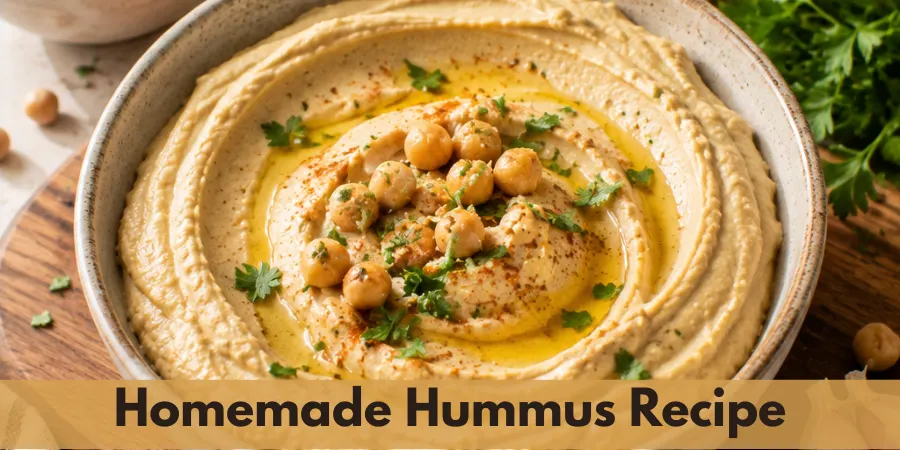 Creamy homemade hummus served in a bowl with chickpeas, tahini, lemon, garlic, olive oil drizzle, and fresh herbs on a warm kitchen surface.