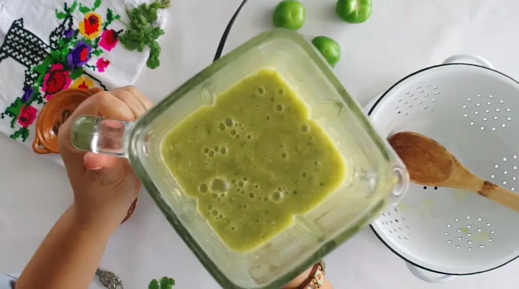 Smooth blended green chile salsa for Pozole Verde