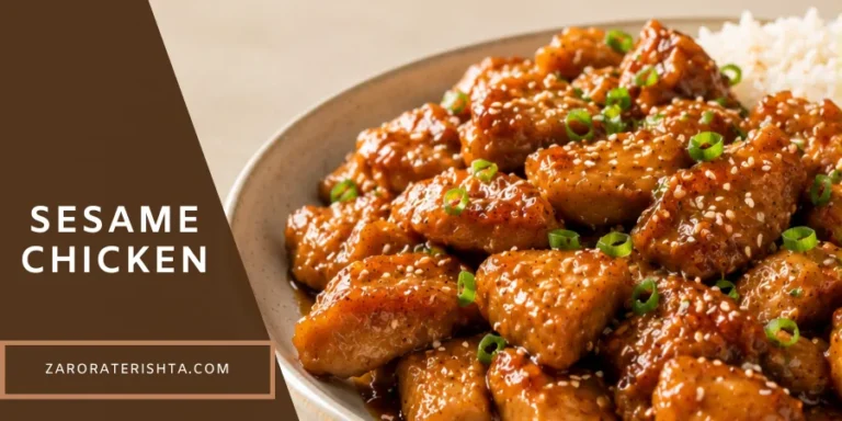 Sesame chicken with glossy honey sesame sauce, sesame seeds, and green onions served with white rice