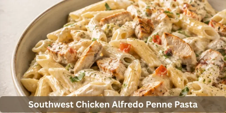 Southwest Chicken Alfredo with creamy sauce, penne pasta and seasoned chicken served in a shallow bowl on a neutral tabletop.