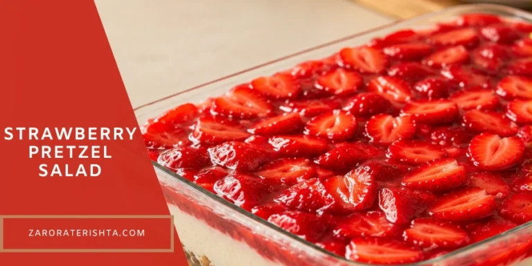 Strawberry Pretzel Salad layered dessert with a salty pretzel crust, creamy filling, and strawberry Jell-O topping in a glass dish.