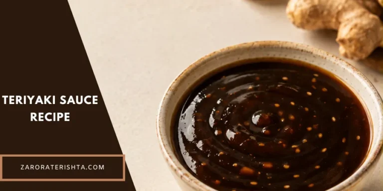 A bowl of thick, dark teriyaki sauce with a smooth glossy surface on a warm kitchen counter, with a small spoon and subtle cooking ingredients nearby.
