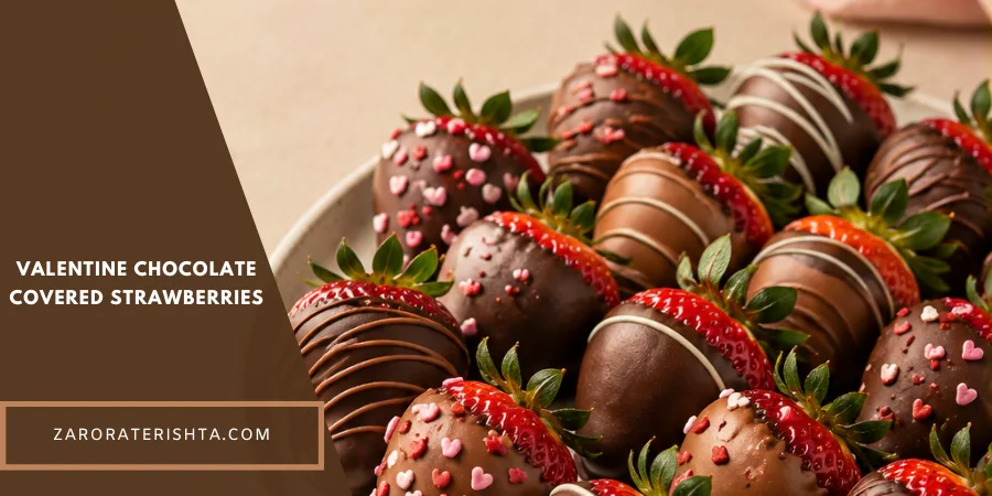 A plate of freshly dipped strawberries coated in glossy chocolate, arranged as a finished Valentine's Day dessert.