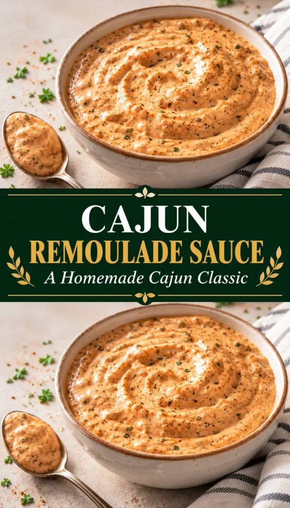 A bowl of creamy Cajun remoulade sauce on a neutral surface with a spoon beside it, shown in a finished food presentation.