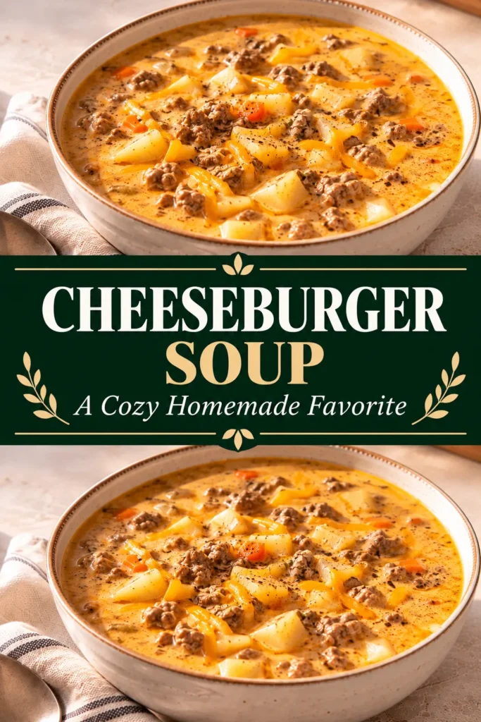 A bowl of finished Cheeseburger Soup served on a warm neutral surface with a simple spoon and subtle home-style table setting, photographed from a three-quarter angle for a comforting recipe presentation.
