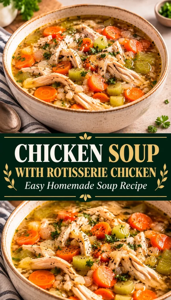 A bowl of homemade chicken soup with tender rotisserie chicken pieces in flavorful broth, presented on a clean neutral serving surface in natural daylight.
