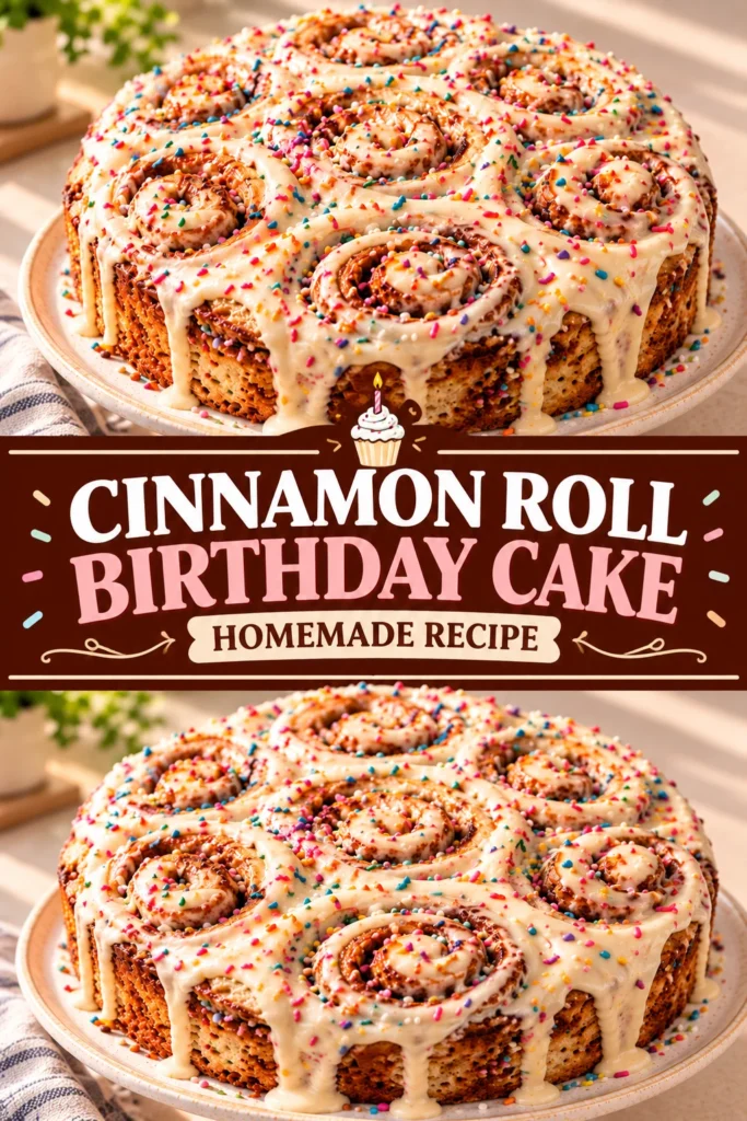 Finished cinnamon roll birthday cake with creamy frosting on a clean neutral baking surface, shown whole with visible cinnamon-roll layers and a subtle baking support in the background. A homemade birthday cake presented as a finished baked dessert.