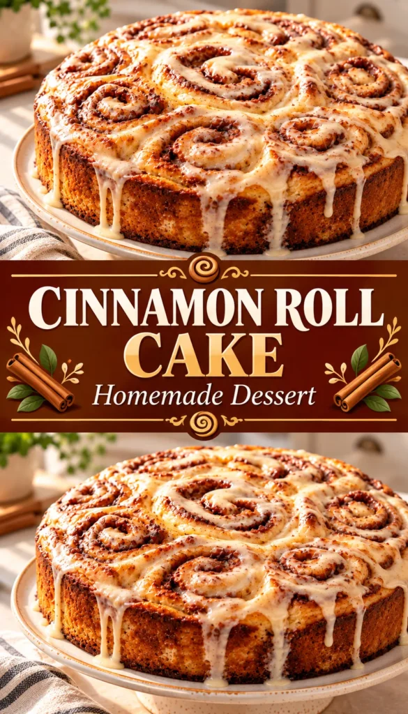 A whole homemade cinnamon roll cake is presented on a simple serving surface in a warm home kitchen. The finished cake is shown from a 45-degree angle with its baked cinnamon-swirl surface and complete shape clearly visible. The softly blurred kitchen background creates a warm and natural recipe setting.