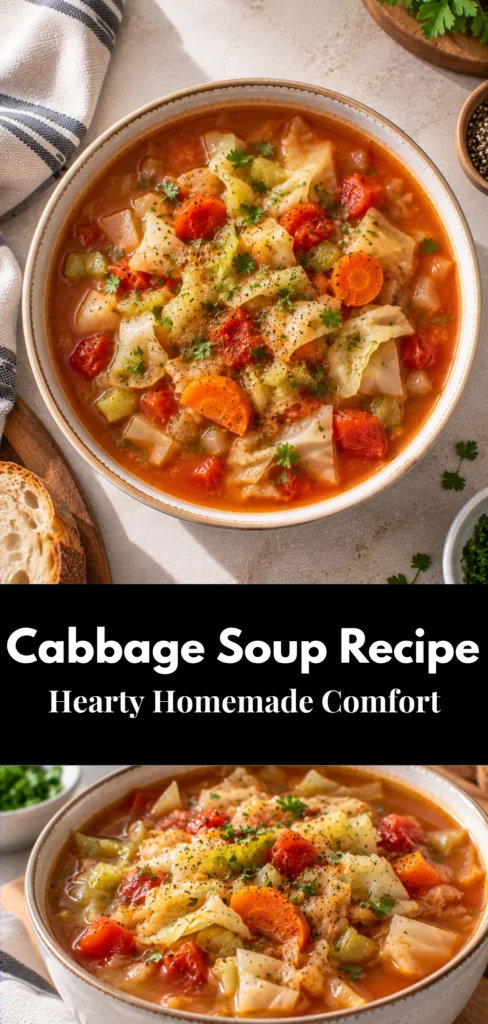 A finished bowl of homemade cabbage soup sits on a simple table, with tender cabbage and vegetables visible in the broth. The close three-quarter view emphasizes the hearty, comforting finished meal.