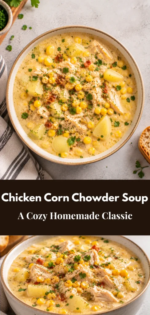 A neutral ceramic bowl filled with creamy chicken corn chowder soup, with tender chicken, sweet corn and potato pieces visible in the broth, presented as a finished homemade meal on a simple tabletop.