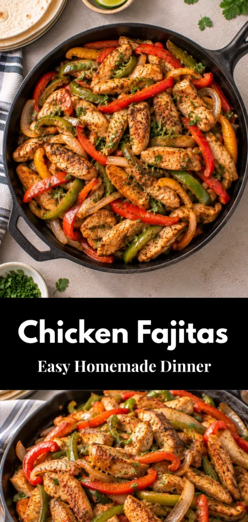 A serving of Chicken Fajitas with tender browned chicken, sautéed peppers and onions in a simple dish on a neutral table, photographed from an elevated three-quarter angle for a polished homemade recipe presentation.