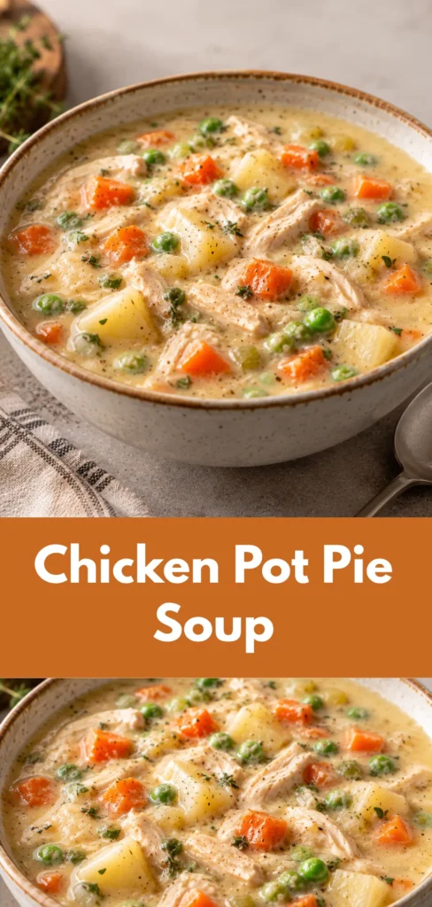 A bowl of creamy Chicken Pot Pie Soup filled with tender chicken, potatoes, carrots, and peas, served as a hearty homemade meal in a simple neutral setting.