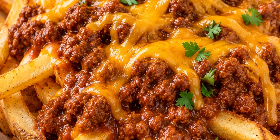 Chili cheese fries topped with hot dog chili sauce and melted cheddar