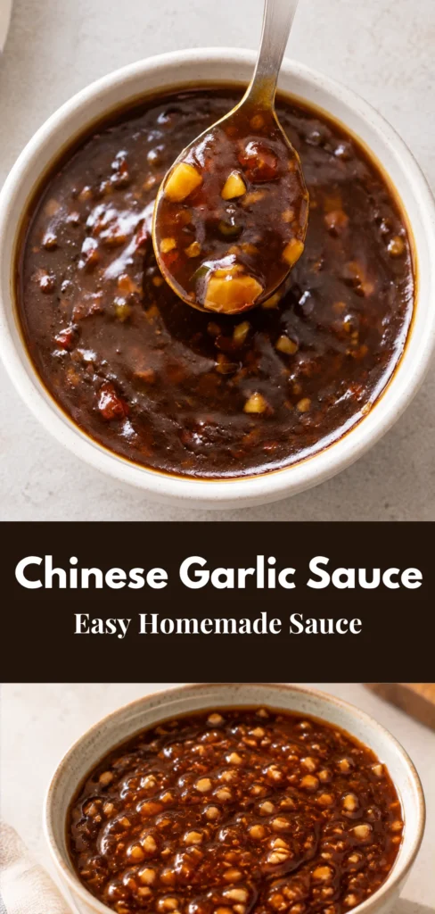A bowl of homemade Chinese Garlic Sauce with a smooth glossy surface, presented as a finished sauce on a simple serving surface in natural light.