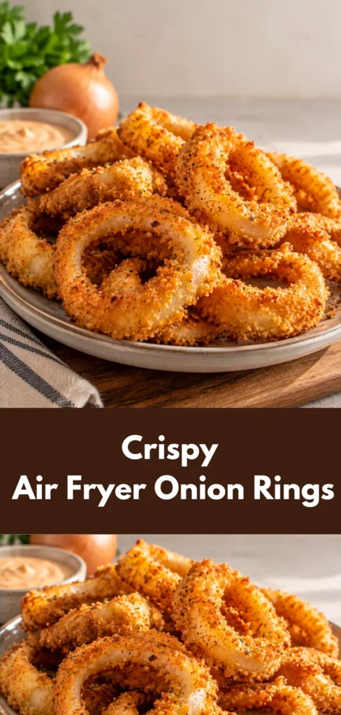 A serving of freshly cooked onion rings with a golden crisp coating arranged on a simple plate, shown as a homemade air fryer side dish.