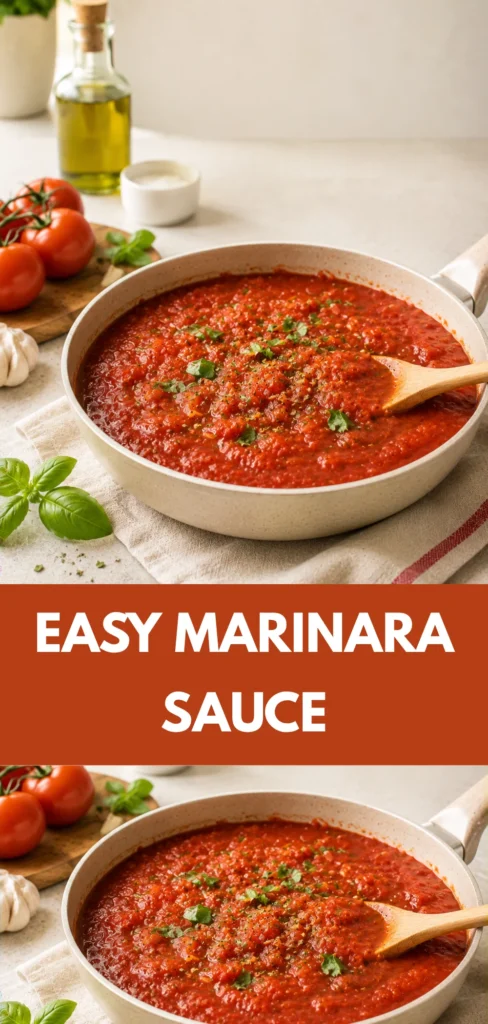 A bowl of finished Easy Marinara Sauce in a serving-ready state, shown from a 45-degree angle with the sauce as the main focus and a clean polished home-kitchen setting in the background.