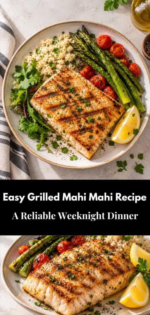 A finished grilled mahi mahi fillet arranged on a simple plate with a clean home-dining setting, photographed from a three-quarter angle as an easy seafood dinner.